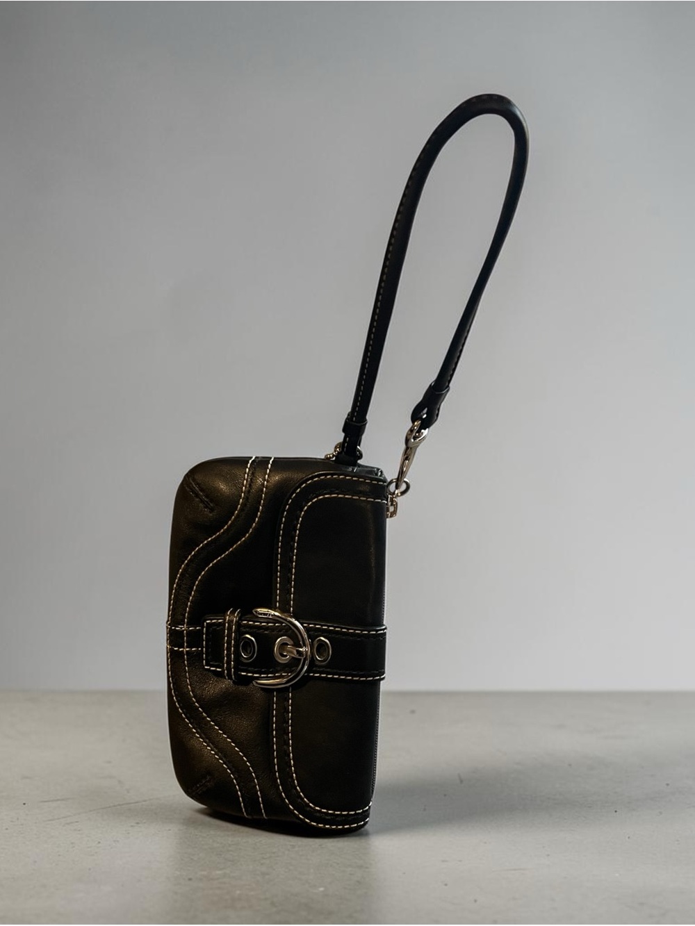 Coach Black Leather Wristlet with White Contrast Stitching